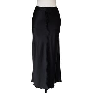 Cachet Vintage 90s Minimalist Maxi Skirt Satin Black Size 8 Ruffle Trim Hi Lo